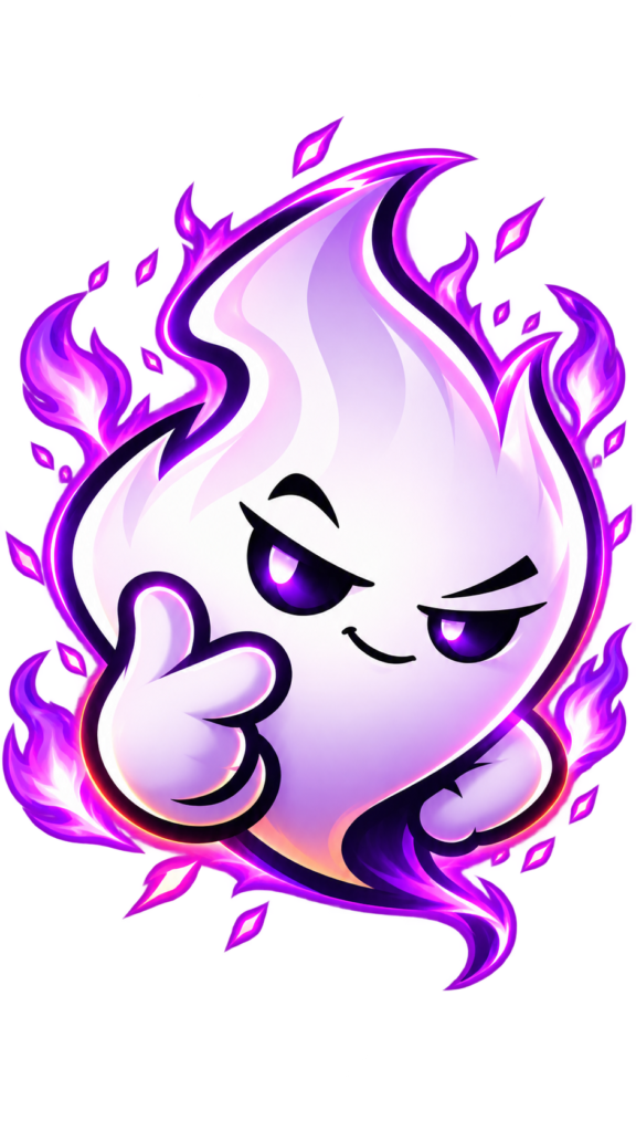 Vex, the mischievous Proving Grounds flame mascot, surrounded by smaller purple flames